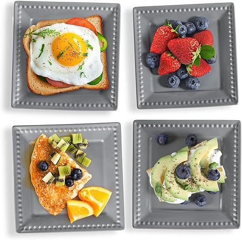 Miniatura 8 de Platos de Aperitivo y Postre en Relieve, Juego de 4, Platos Cuadrados de 6 Pulgadas de Color Gris para Snack y Restaurante, Aptos para Lavavajillas