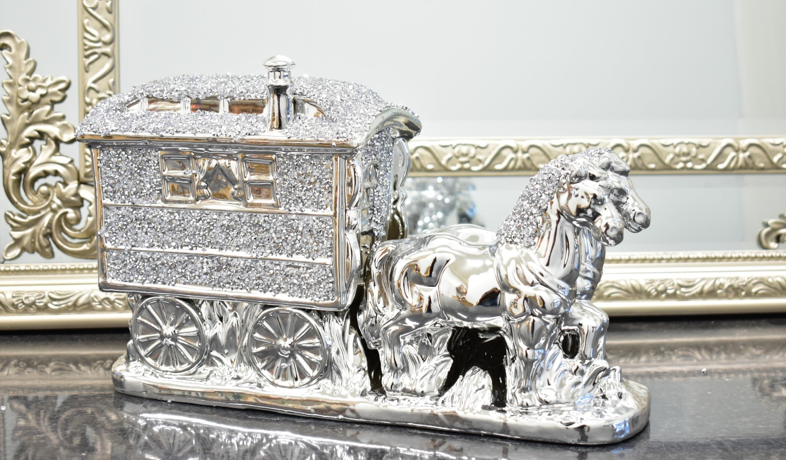 DEENZ Ornaments Horse With Wagon Gypsy Crushed Diamond Carriage Ornament Shelfsitter Bling