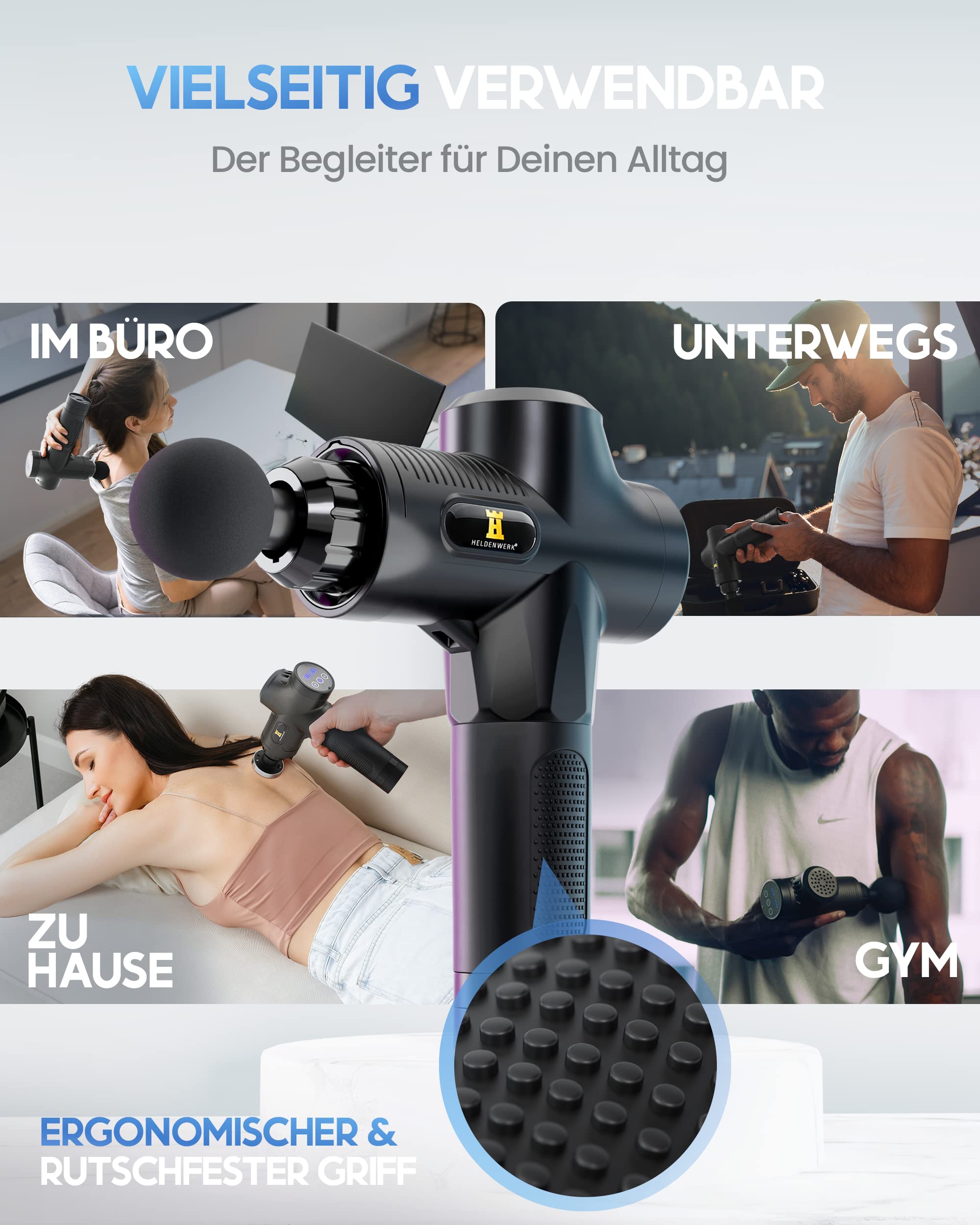 HELDENWERK Massagepistole inkl. 7 Massageköpfen & 30 Geschwindigkeiten, mit USB-C Anschluss und Hitzekopf I Muskel Massagegerät, Massagegun, Muskelmassagepistole, Muskelpistole