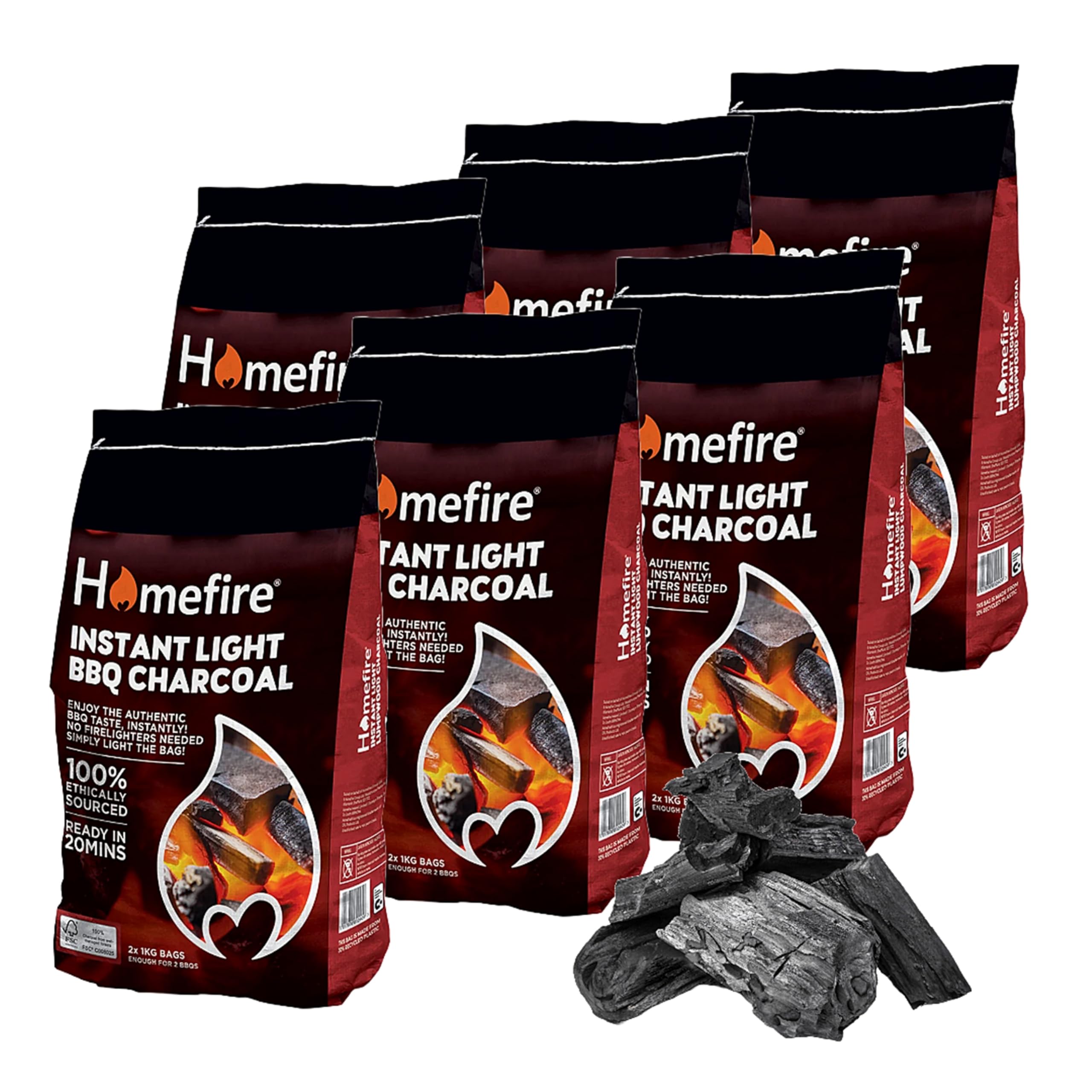 Instant Light Charcoal for BBQ Grill - Pack of 12 x 1kg BBQ Instant Light Lumpwood Charcoal Grill Bags with Topline Card for Outdoor Barbecues, Fire Pit, Camping or Picnics