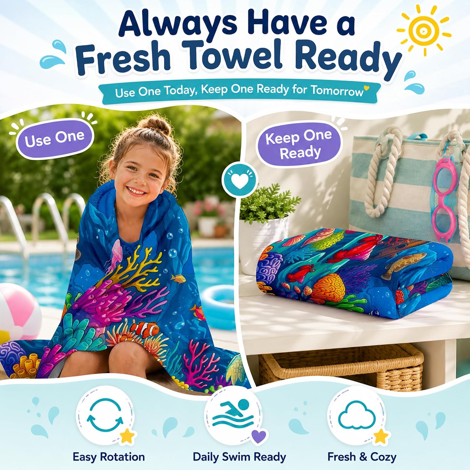 Cotton Kids Beach Towel and Bath Towel 2Pcs, Large 30" x 60" Thick Cotton Terry Beauty Print Towel for Girls Boys, Soft Absorbent Pool Towel for Beach, Bath, Swim Class, Camping, Turtle Green Blue