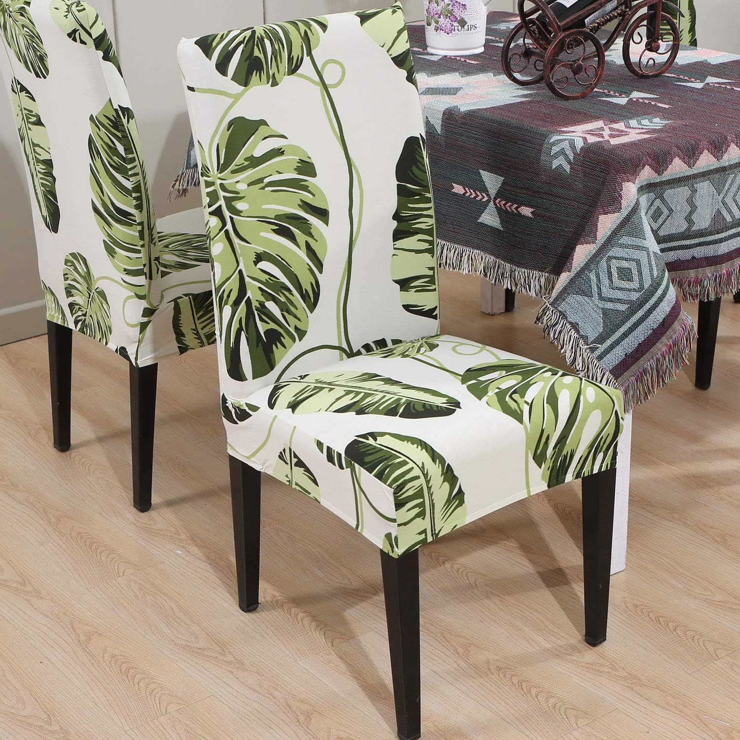 SoulFeel Set of 6 Dining Chair Covers, Stretch Spandex Dining Room Protector Slipcovers (Style 55, Green Leaves)