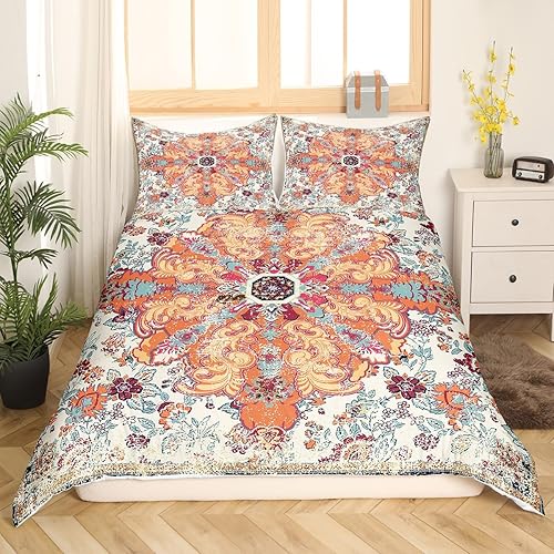 Erosebridal Juego de funda de edredón naranja y azul, tamaño Queen, bohemio, vintage, retro, floral, exótico, étnico, bohemio, clásico, abstracto,