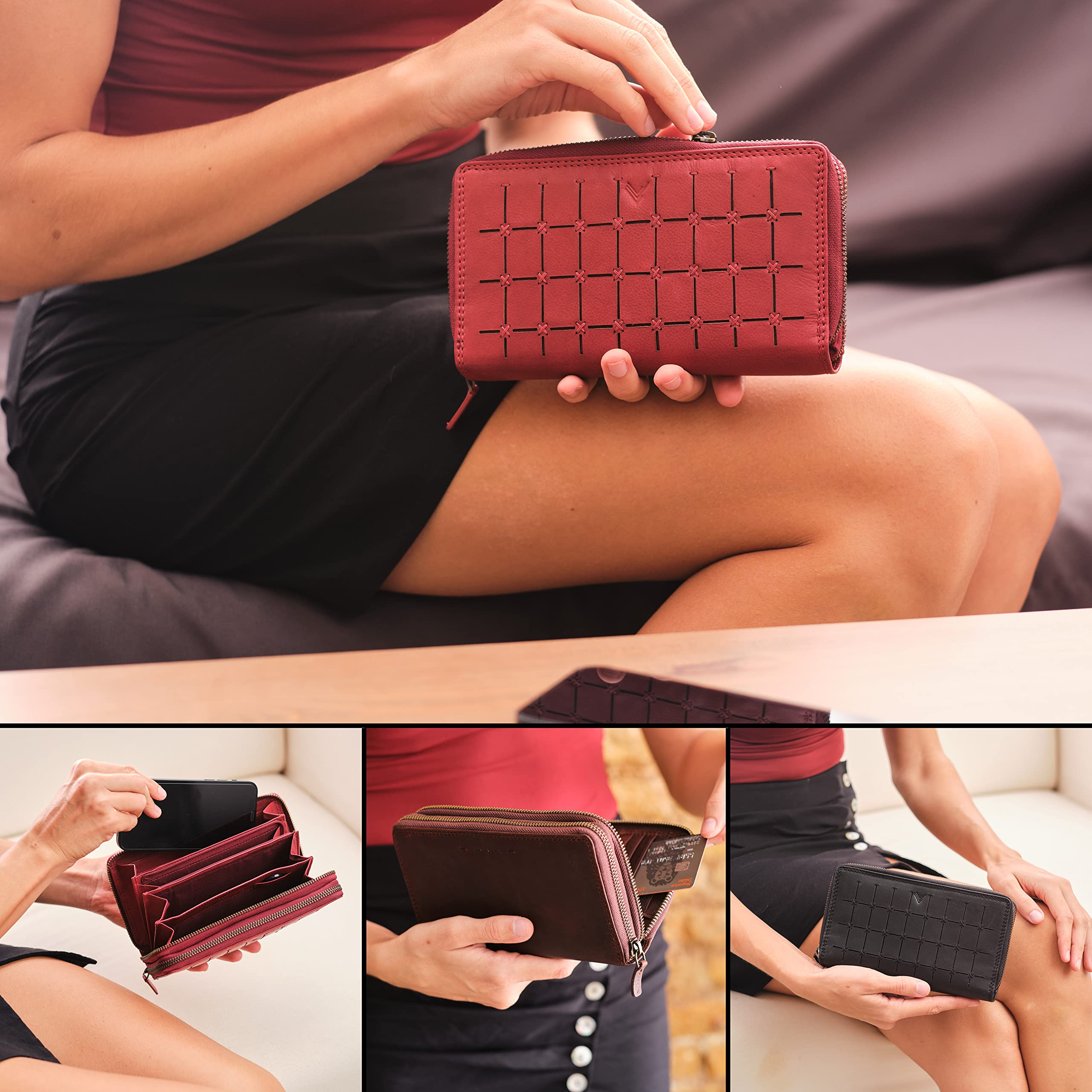 Grand Portefeuille Femme en Cuir – Porte Cartes Grande Capacité avec RFID – Porte Monnaie Élégant Fait Main – Idée Cadeau Originale - Deux Fermetures éclair, Carré - Rouge