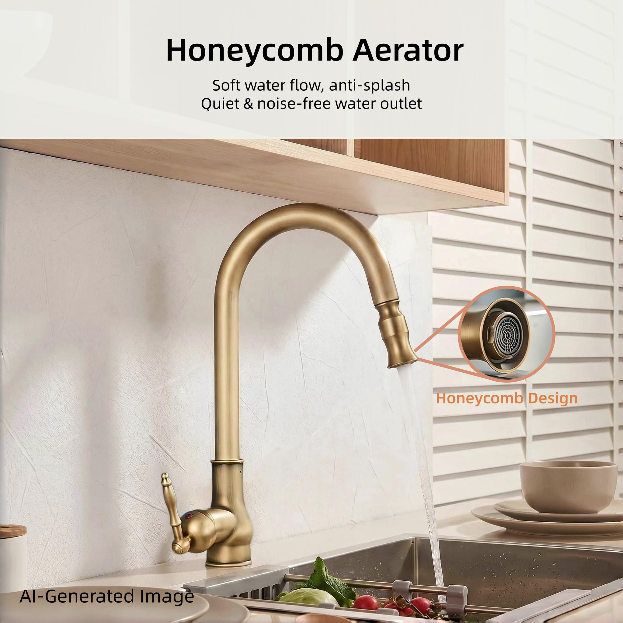 Grifo de Cocina de Latón Antiguo Extraíble, Giratorio 360° Mezclador de Fregadero Retro con Arco Alto Estilo Vintage