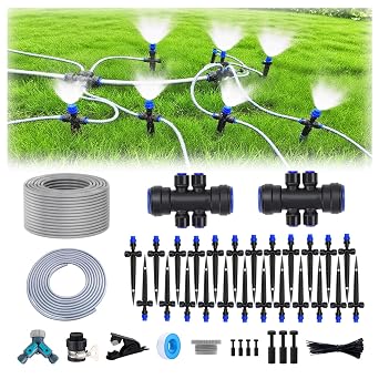 115FT Drip Irrigation Kit,24pcs 1/4 inch Tandem atomizing Nozzle,Quick-Connect Automatic Drip Irrigation System,Suitable for Watering Plants in Flowerpot Elevated Bed.