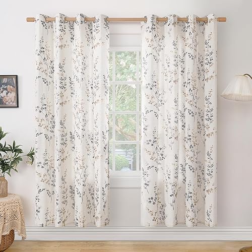 BGment Linen Curtains for Living Room 72 Inch Length 2 Panels Floral Leaf Patterns, Light Filtering Window Privacy Boho Curtains for Vintage Farmhouse Dining Room, Each 52 Inch Wide, Brown