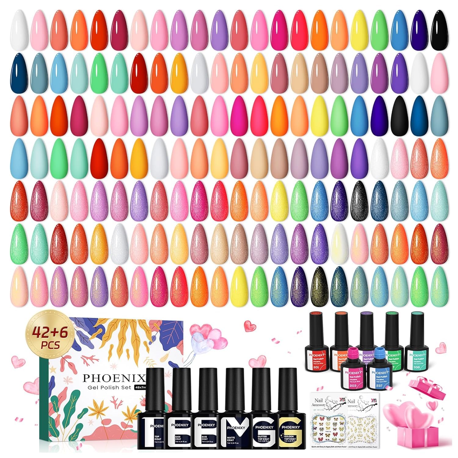 PHOENIXY 50 Pcs Gel Nail Polish Set, 42 Colors Gel Nail Polish
