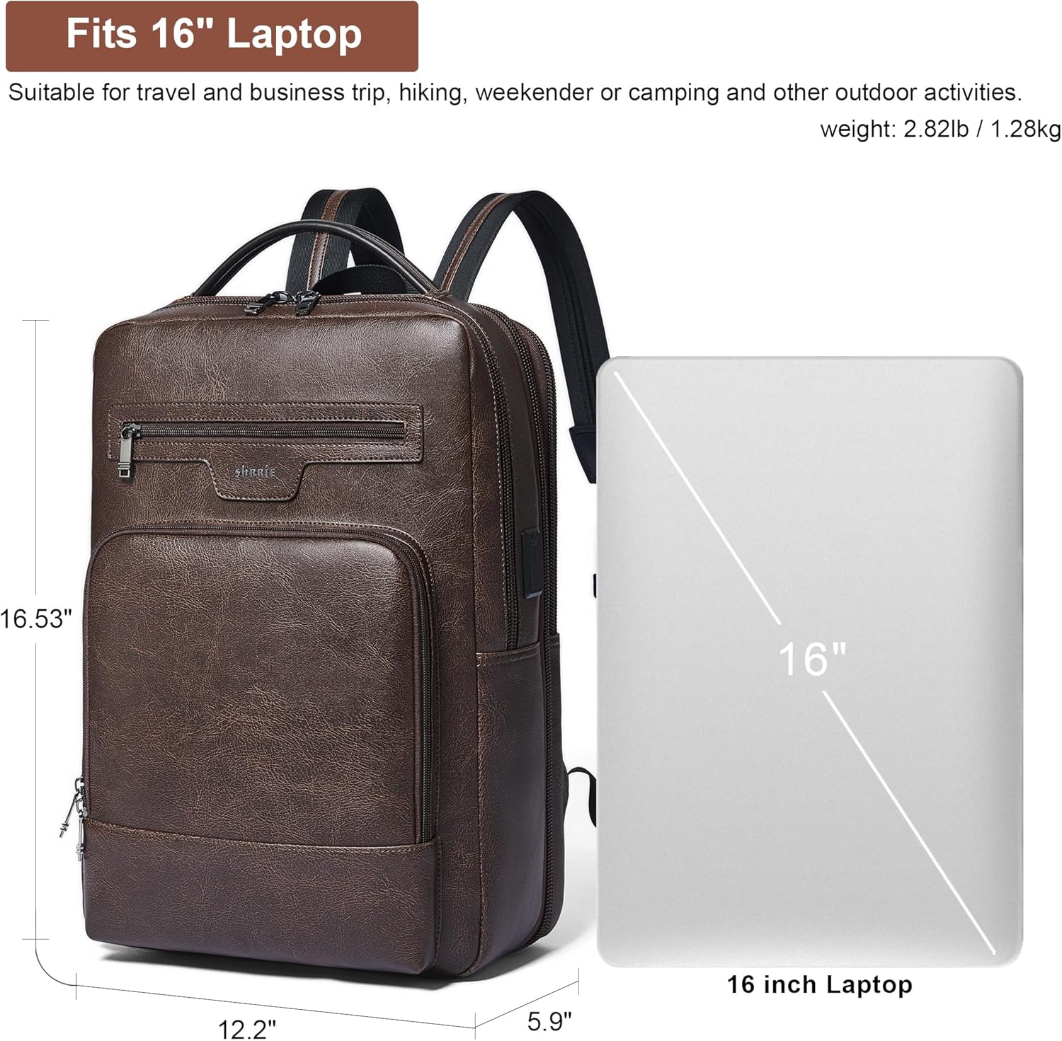 Shrrie Leather Laptop Backpack for Women and Men,28 L Travel Backpack Computer Bag Fits 16 inch Laptop,Expandable Casual Daypack with USB Charging Port for Work Business Weekender College,Coffee - Image 6