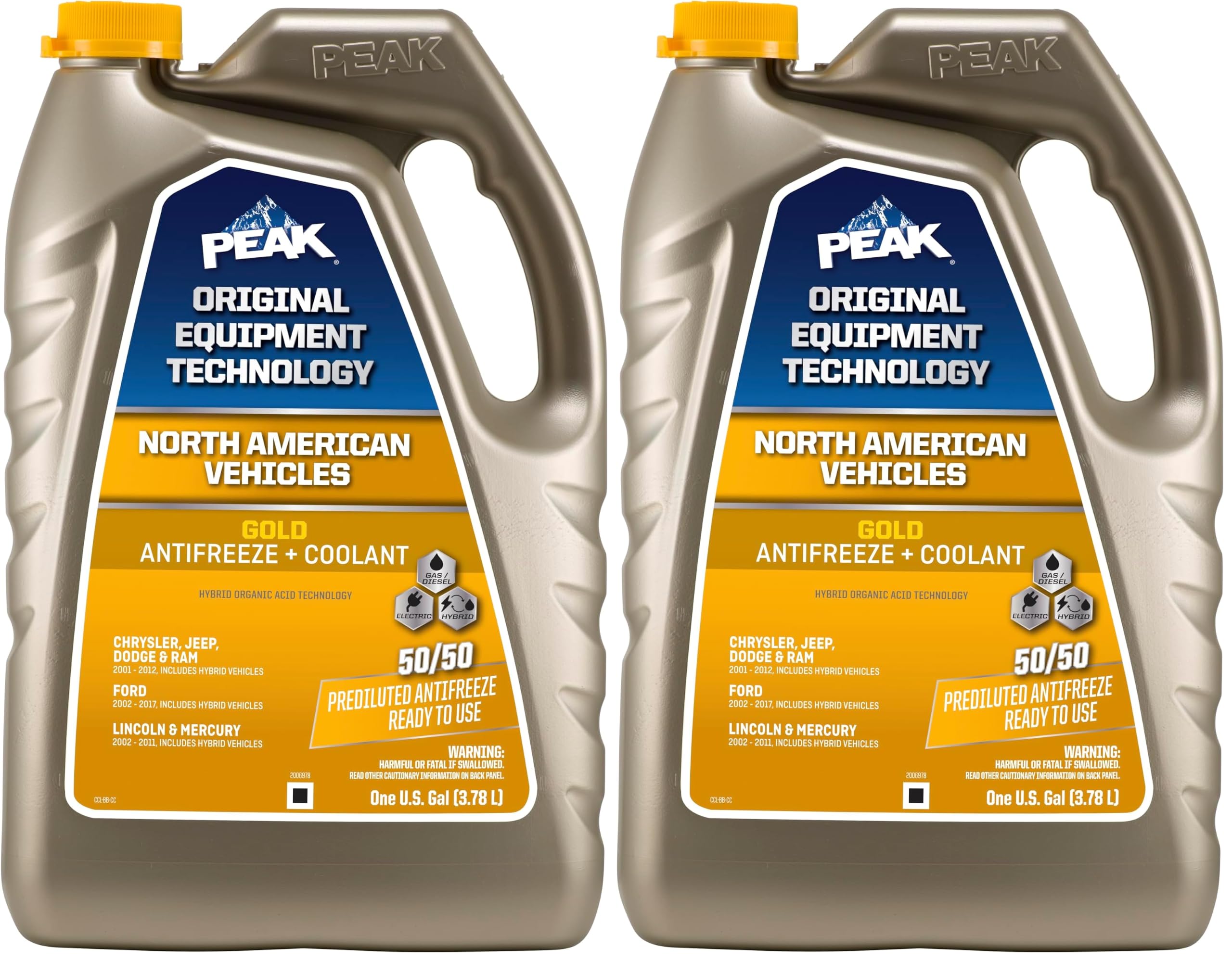 PEAK OET Extended Life Gold 50/50 Prediluted Antifreeze/Coolant for North American Vehicles, 1 Gal. (Pack of 2)