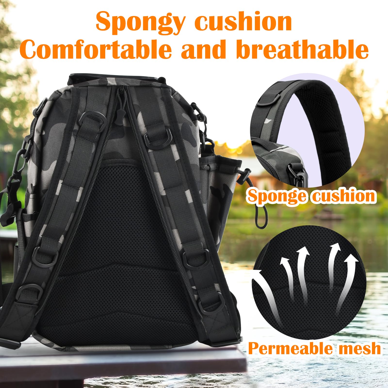 Dokeno Sac à Dos de Pêche, Multiple Pockets Sac de Pêche, Sac à Dos de Chasse et de Pêche, Sac à Dos d'accessoires de Pêche pour Support de Canne à Pêche, Cadeaux de Pêche pour Homme et Femme