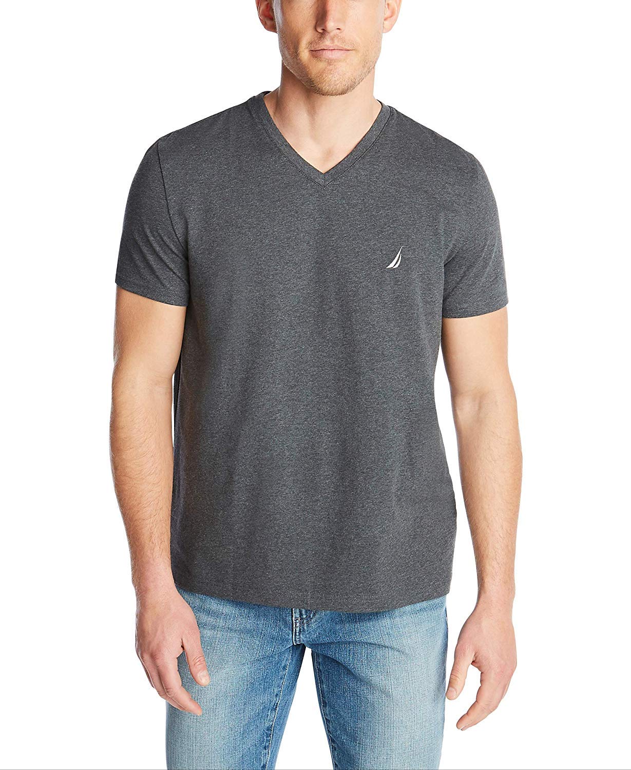 Nautica Men's Short Sleeve Solid Slim Fit V-Neck T-Shirt, Charcoal Heathe, XL