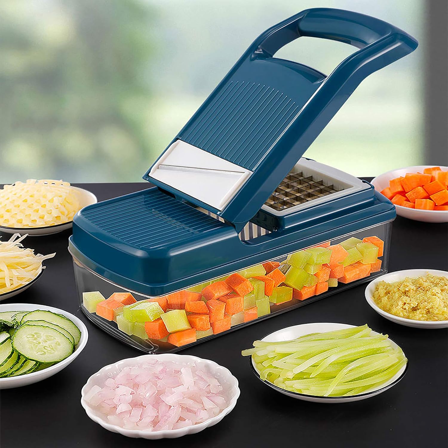 Vegetable Spiralizer Mandolin Slicer for Fruit Tomato Potato Onion Chopper Dicer Food Chopper Cutter Multifunctional with Clean Brush and Drain Basket Vegetable Chopper Slicer-Blue 23.5x10.5cm(9x4i
