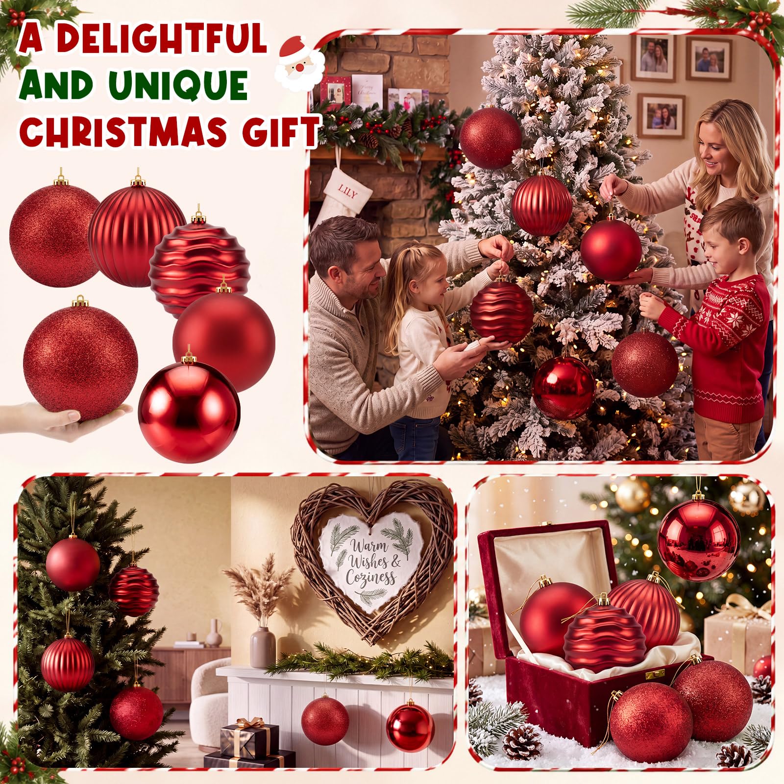 Zubebe Confezione da 6 palline di Natale da 15,2 cm, grandi palline in plastica infrangibile, con glitter opaco lucido e finiture decorative, per albero di Natale, festività e feste (rosso)
