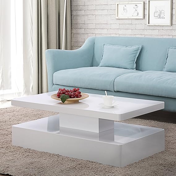 mecor Modern Glossy White Coffee Table W/LED Lighting, Contemporary Rectangle Design