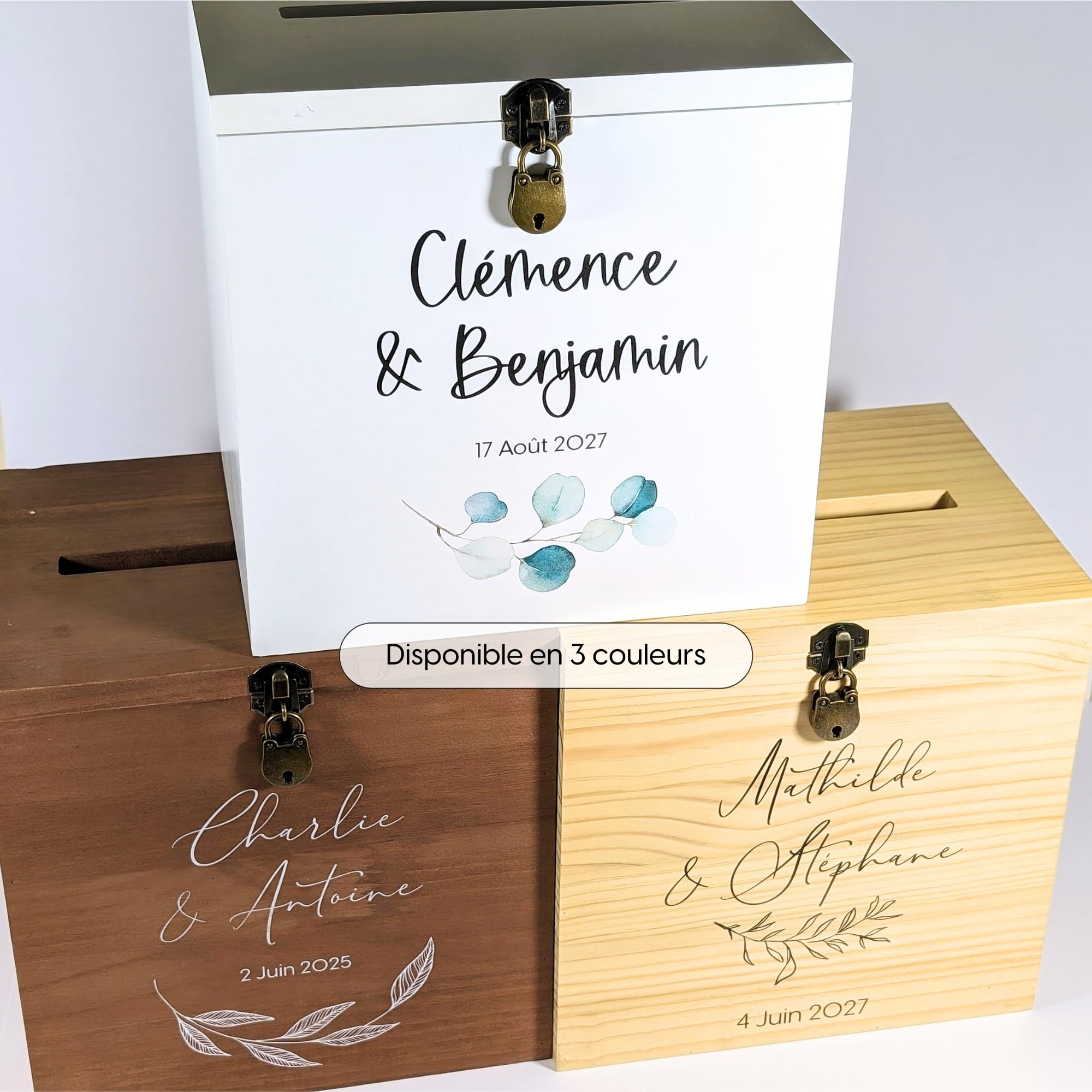 Grande urne personnalisée en Bois Blanche avec Cadenas | 25x25x20 CM | Urne Baby-Shower,baptême, Communion, Anniversaire, Retraite - Cagnotte en Bois | TE Whaka