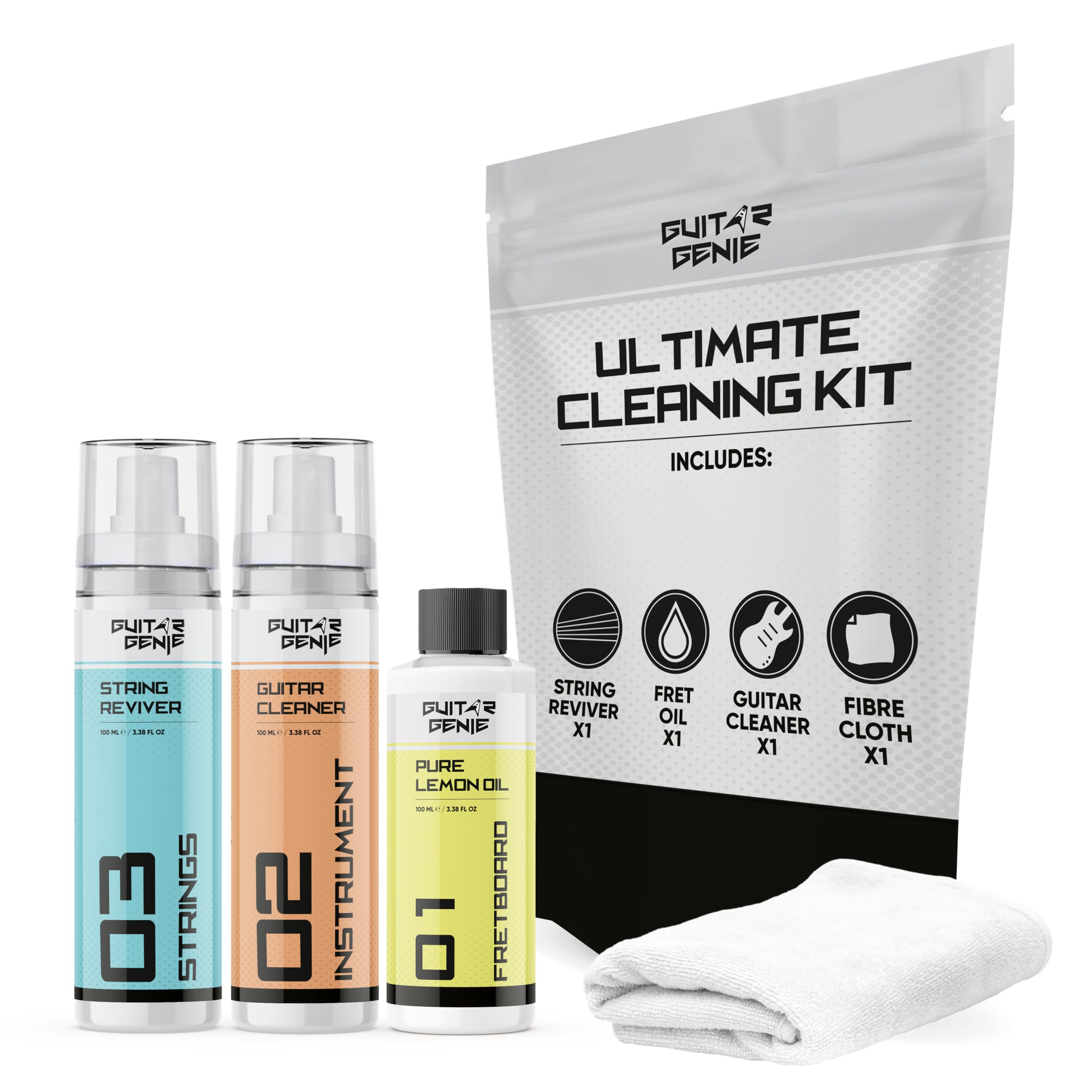 Guitar Genie - Ultimate Cleaning Kit - Lemon Oil, Guitar Cleaner & String Cleaner - Complete Guitar Maintenance Set for Electric, Acoustic & Bass Guitars