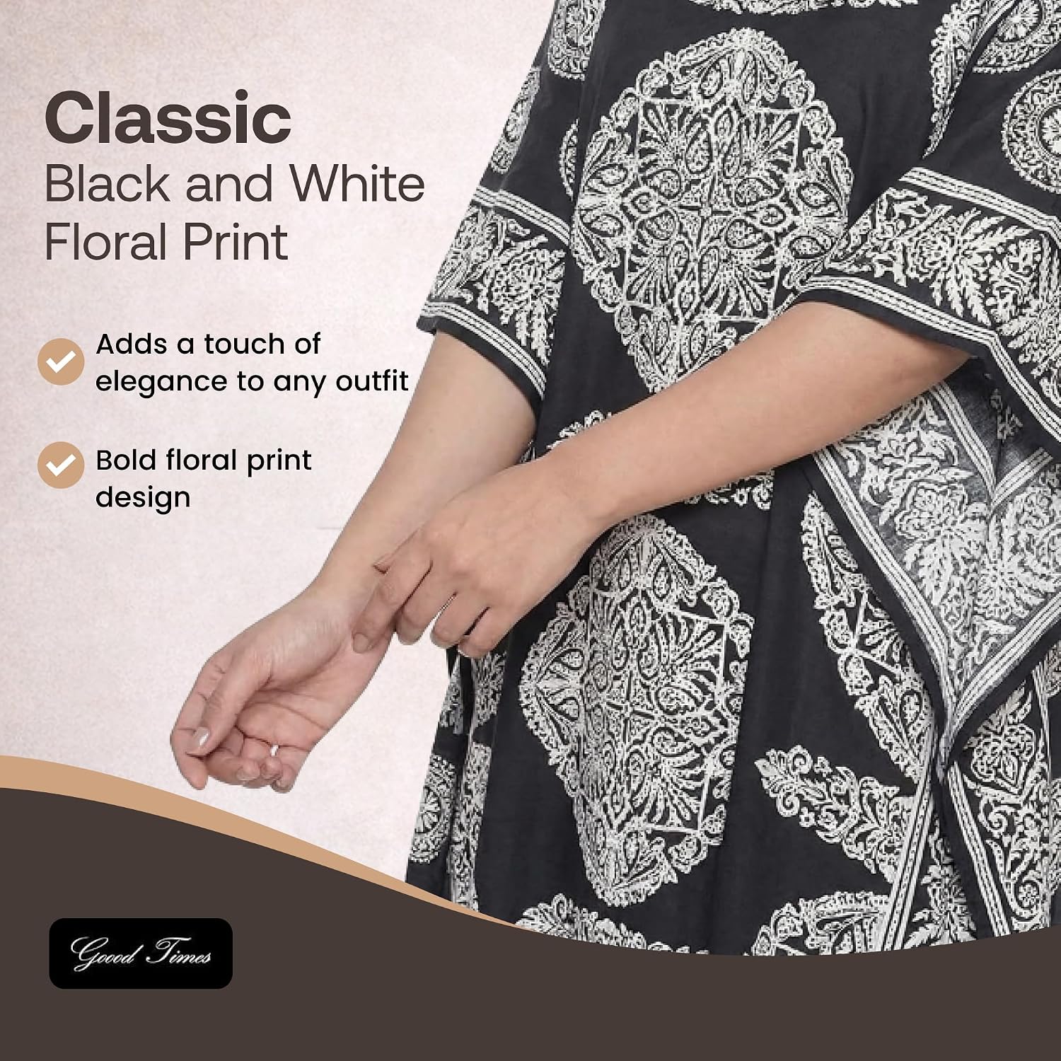 Goood Times Caftan for Women Plus Size Black & White Long Maxi Beach Cover Up, Loose Fit House Dress, Casual Kaftan 1X-3X