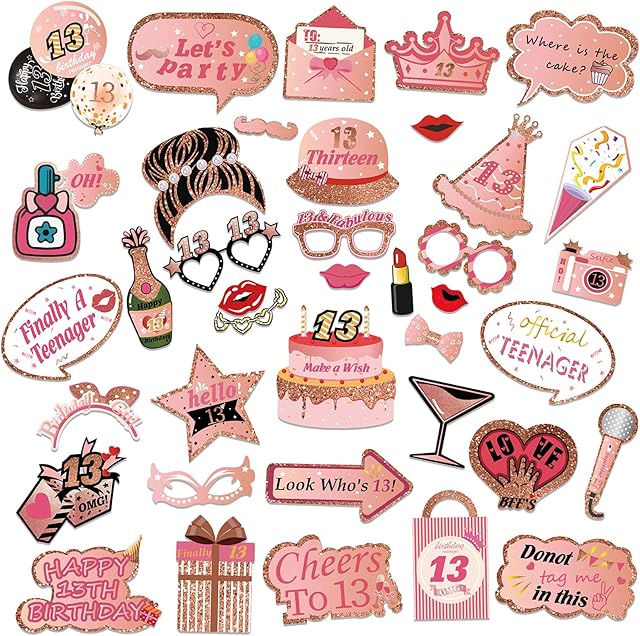 HOWAF Rose Gold 13th Birthday Photo Booth Props, 39 Piece Funny DIY Kit 13th Teenager Party Props for Girls Women 13th Birthday Party Supplies Decoration and Favors