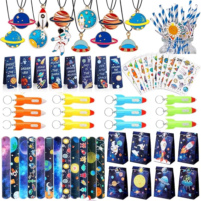 Tacobear 92pcs Space Party Favours Party Bag Fillers for Kids Space Bookmarks Slap Bracelets Necklaces Keychains Tattoos Straws Gift Bags Outer Space Party Supplies Birthday Party Gifts for Boys Girls