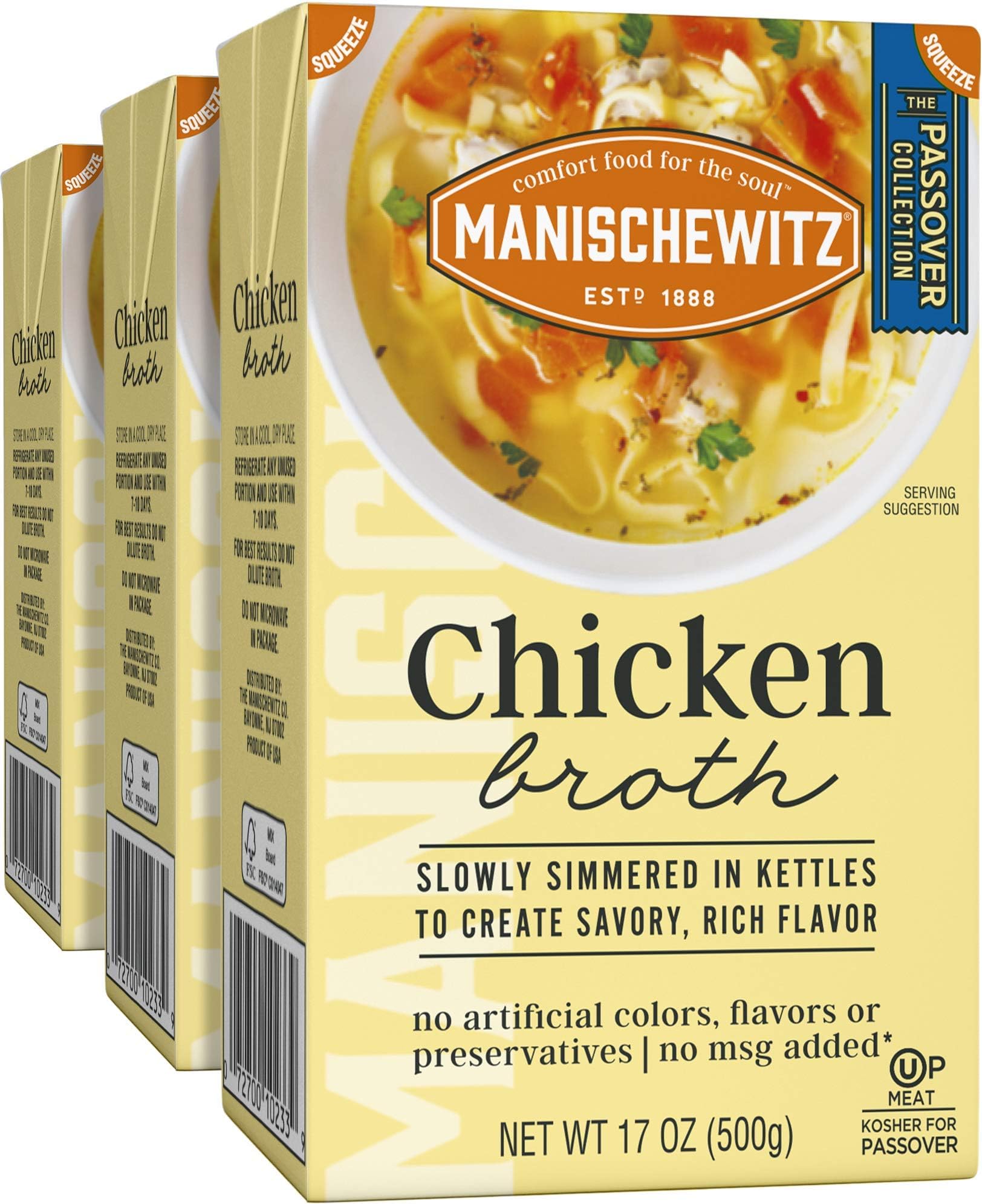 ManischewitzChicken Broth 17oz (3 Pack), Flavorful, Kettle Cooked, Slowly Simmered, Kosher for Passover