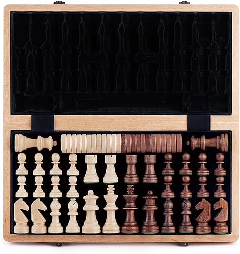 A&A Juego de ajedrez y damas plegables de madera de 15 pulgadas con piezas de ajedrez Staunton de altura King de 3 pulgadas, 2 reinas adicionales, disponible en Yaxa Venezuela