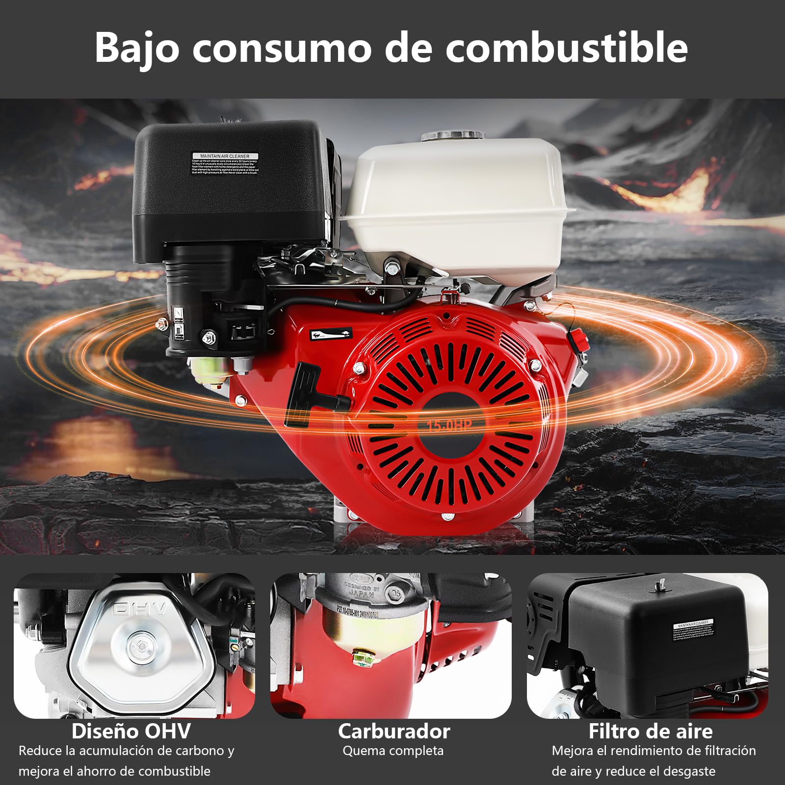 Motor de gasolina de 15 CV, 9,7 kW, motor de 4 tiempos con eje de 25 mm de diámetro, 420 CCM, motor de accionamiento estacionario, refrigeración por aire, gran capacidad del depósito de