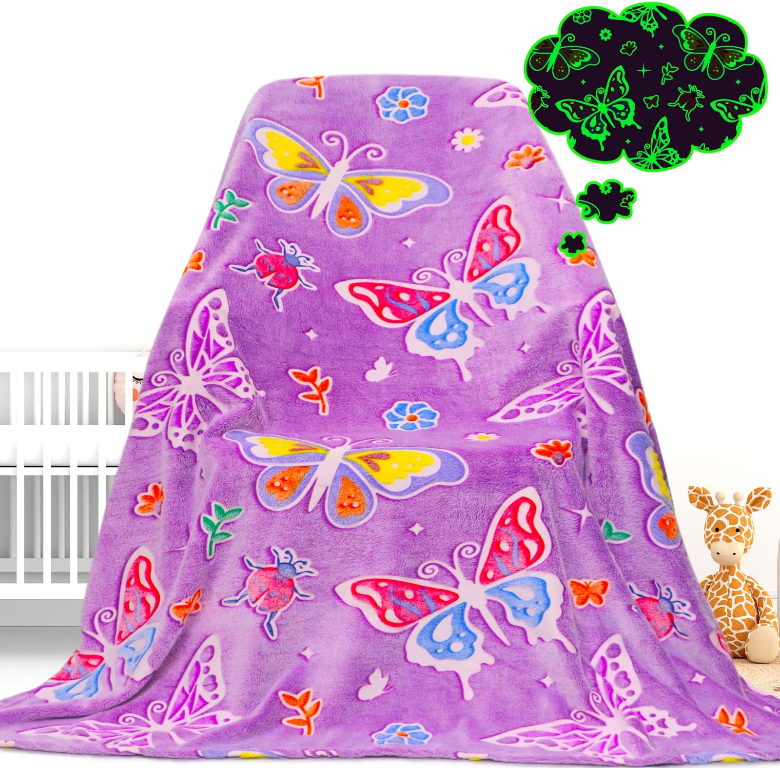 Gdindff Glow in The Dark Butterfly Gifts Blanket for Girls, Kindergarten Graduation Gifts for Kids, Birthday Presents for Girls Age 4-6 6-8 8-10 10-15, Toddler Girl Kids Blanket Butterfly Decor, 50x60