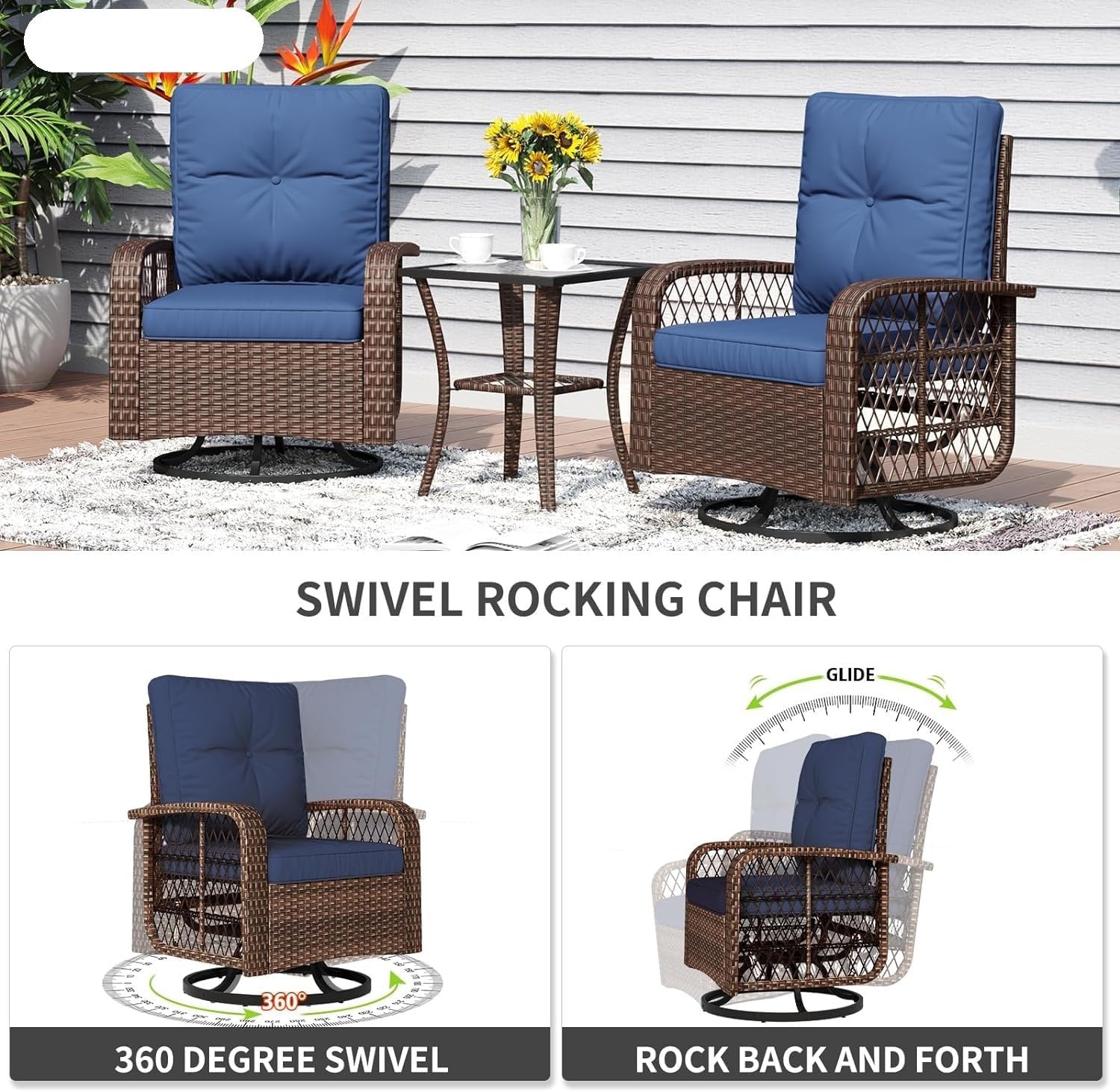 10 Piece Patio Furniture Set with Fire Pit Table and Swivel Chairs, Rattan Outdoor Sectional Patio Conversation Sets with Seat Cushions for Backyard Deck Balcony Lawn and Garden