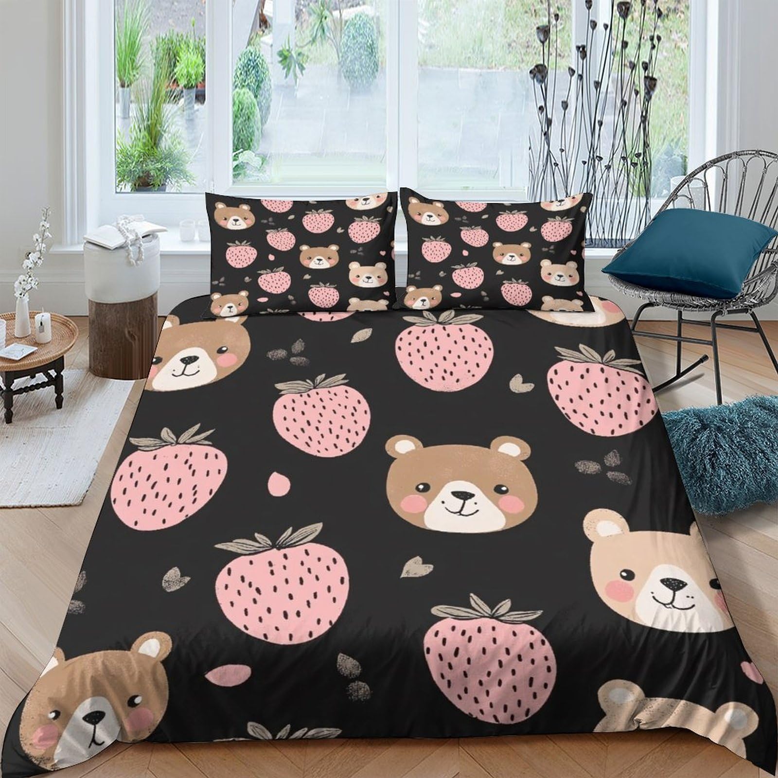 Ctjqhvkz Style-3 3D Printed Bear Strawberry Fitted Sheet Microfiber Black Cartoon Bed Cover For Bedroom Guest Room Machine Washable Single（135X200cm）