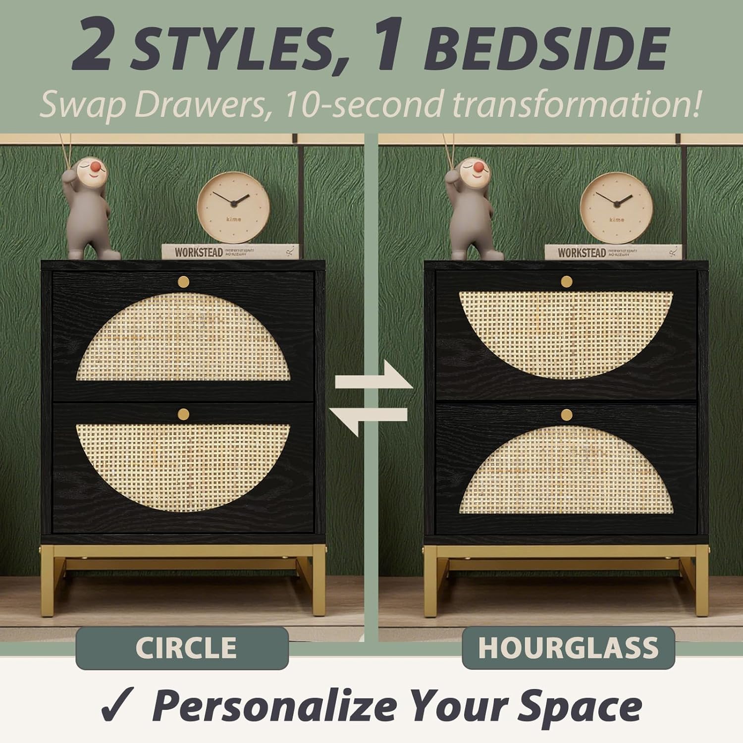 vistavie Boho Black Nightstand with 2 Drawers, 15.7" Rattan End Table, Mid-Century Modern Wood Bedside Storage Cabinet with Gold Pulls & Metal Legs for Bedroom Living Room (Set of 1)