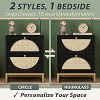 Vista 3 de vistavie Mesita de noche bohemia negra con 2 cajones, mesa auxiliar de ratán de 15.7 pulgadas, armario de almacenamiento de madera moderna