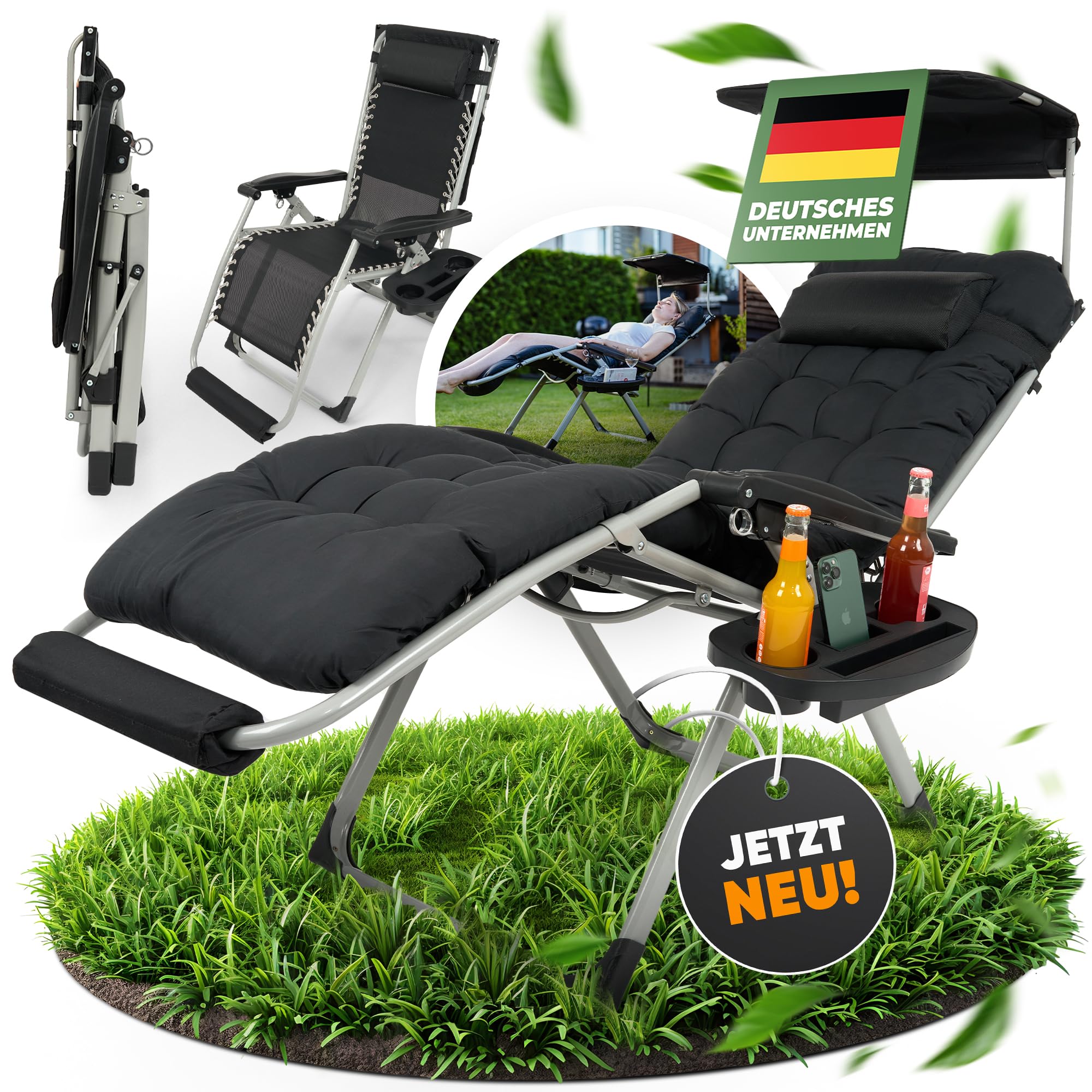 NatureLiving® Tumbona Plegable – Resistente, Robusta y Apta para Exterior – Tumbona de Jardín con Toldo para Jardín y Balcón, Silla Reclinable Outdoor Relax, Soporta hasta 200 kg (Negro)