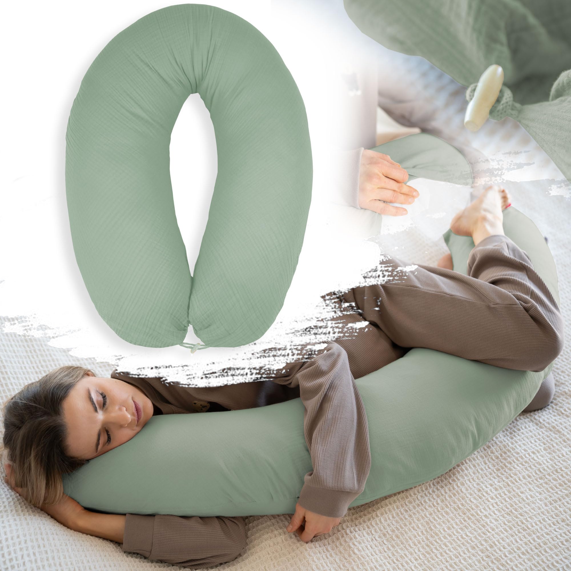 PaLulli® Cuscino ergonomico XXL per allattamento 190 x 30 cm con rivestimento in cotone mussola biologico, ideale per gravidanza e chi dorme sul fianco, comfort e sostegno per adulti e mamme (verde)