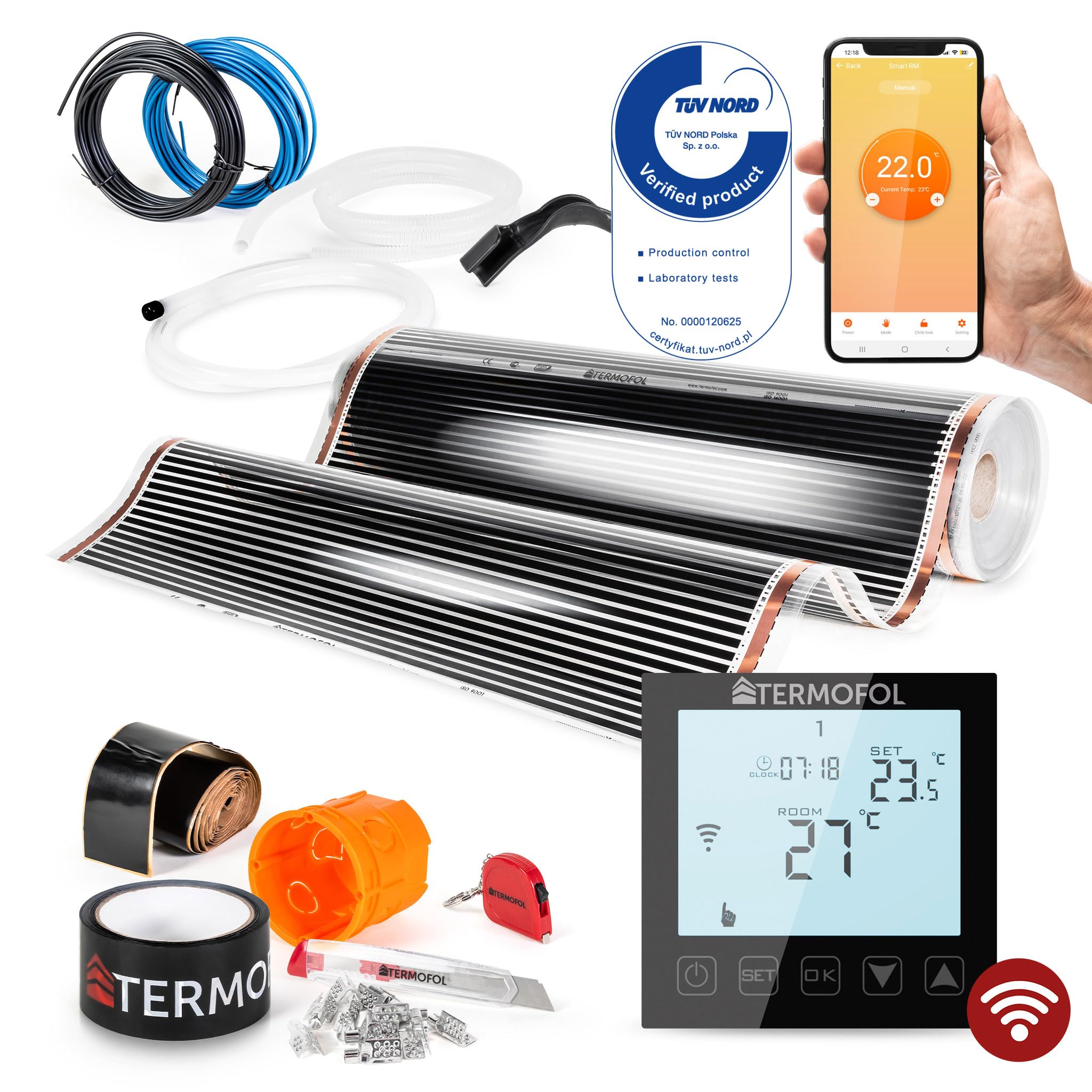 Termofol - Calefacción eléctrica por suelo radiante (230 V, con termostato WIFI negro, potencia 140 W/m2, superficie de 5 m², juego completo para suelo radiante, pared o techo)