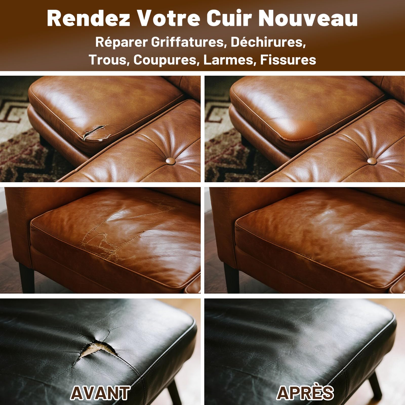 Endhokn Kit de Réparation Cuir, 5 Couleurs Reparation Siege Cuir, Sièges de Voiture Canapés, Réparer Les Égratignures, Coupures, Déchirures, Trous, Fissures Couleur Assortie et Facile à Utiliser