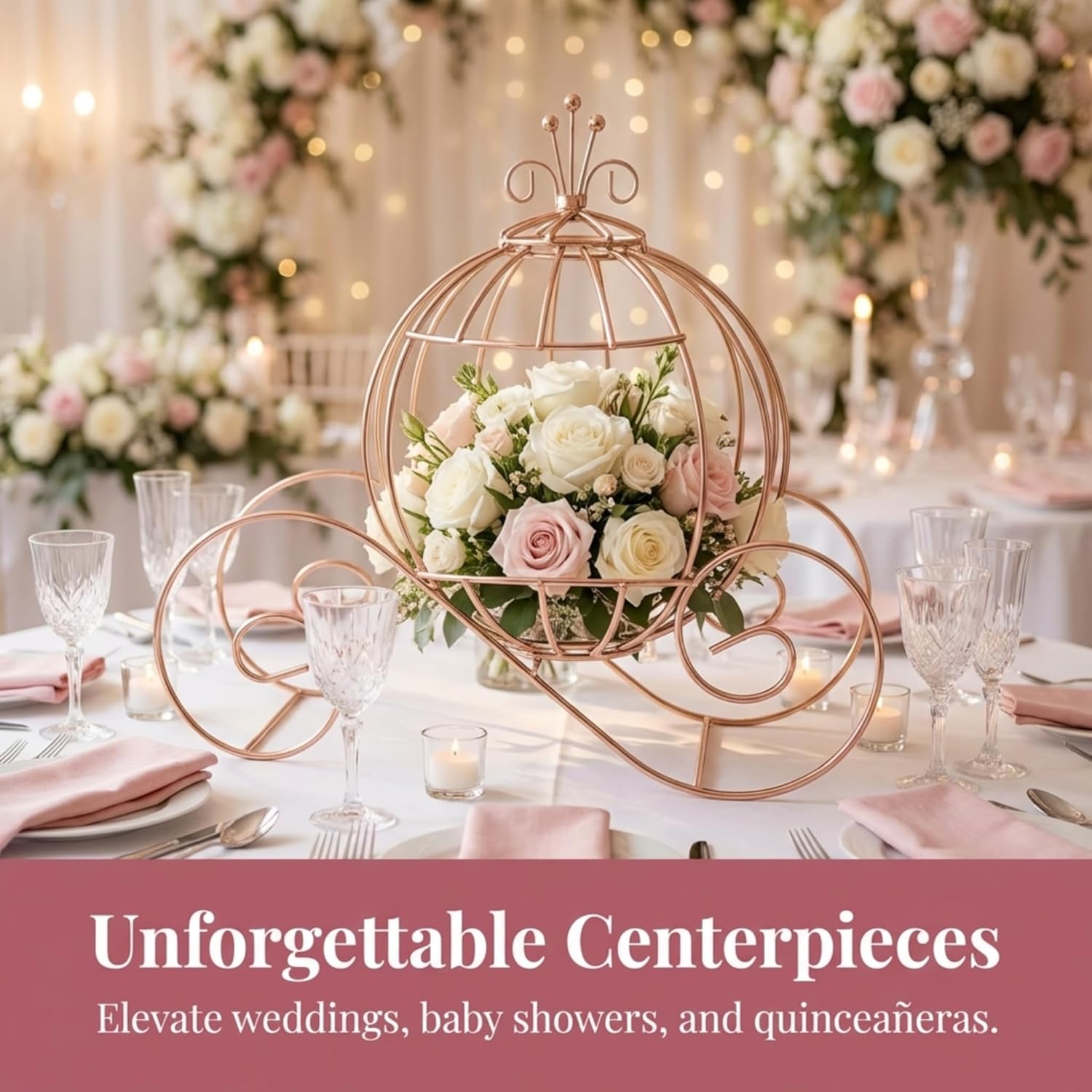 Anderson's Rose Gold Wire Cinderella Carriage Coach Centerpiece, Home Event Prom Wedding Decoration, Fairy Tale Princess Tabletop Decor - 13 Inches