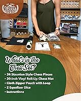 Vista 3 de WE Games Juego de ajedrez – estilo torneo con 34 piezas, tablero enrollable de vinilo, bolsa de almacenamiento y dados ecualizadores. Ideal