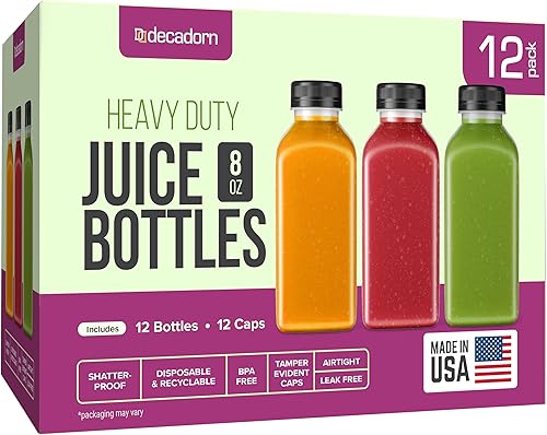 Botellas de plástico de 8 onzas con tapas, paquete de 12 botellas de jugo de plástico para jugo, recipientes vacíos para jugo con tapas para nevera,