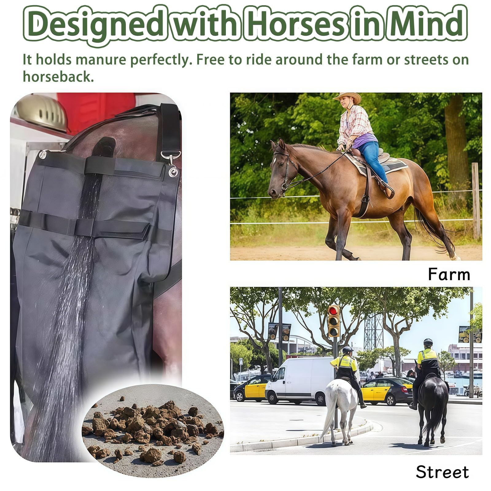Bolsa de estiércol de caballo, bolsa de recogida de estiércol duradera y reutilizable con accesorio, portátil para equitación, parque y uso urbano, fácil de limpiar