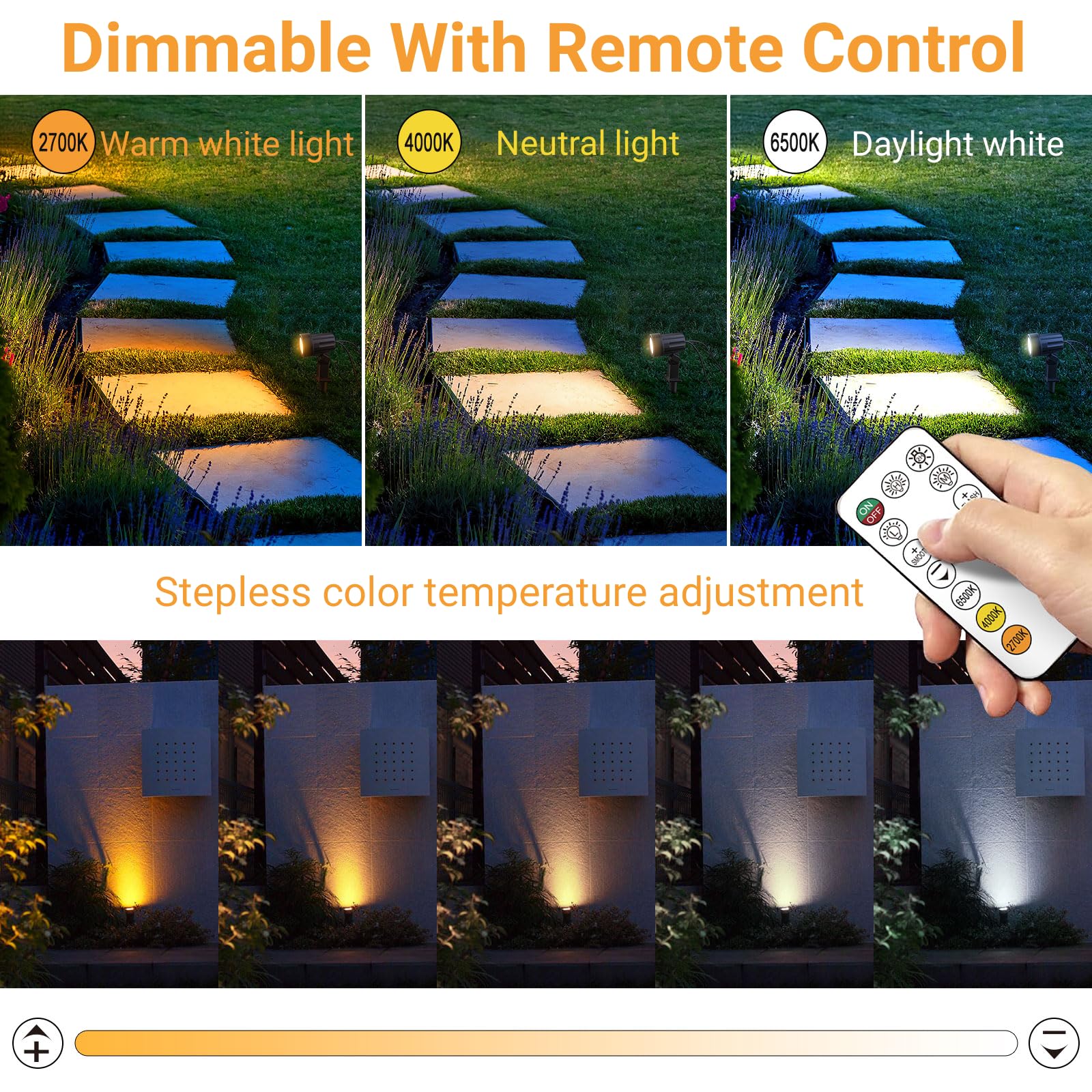MEIKEE Faretti Solari Esterno, 6 in 1 Faretto Solare LED da Esterno Impermeabili IP66, 6W 6000mAh Luci Solari con Telecomando 2500K-6500K Dimmerabile 3 Luminosità 3 Modalità per Patio Prato Giardino