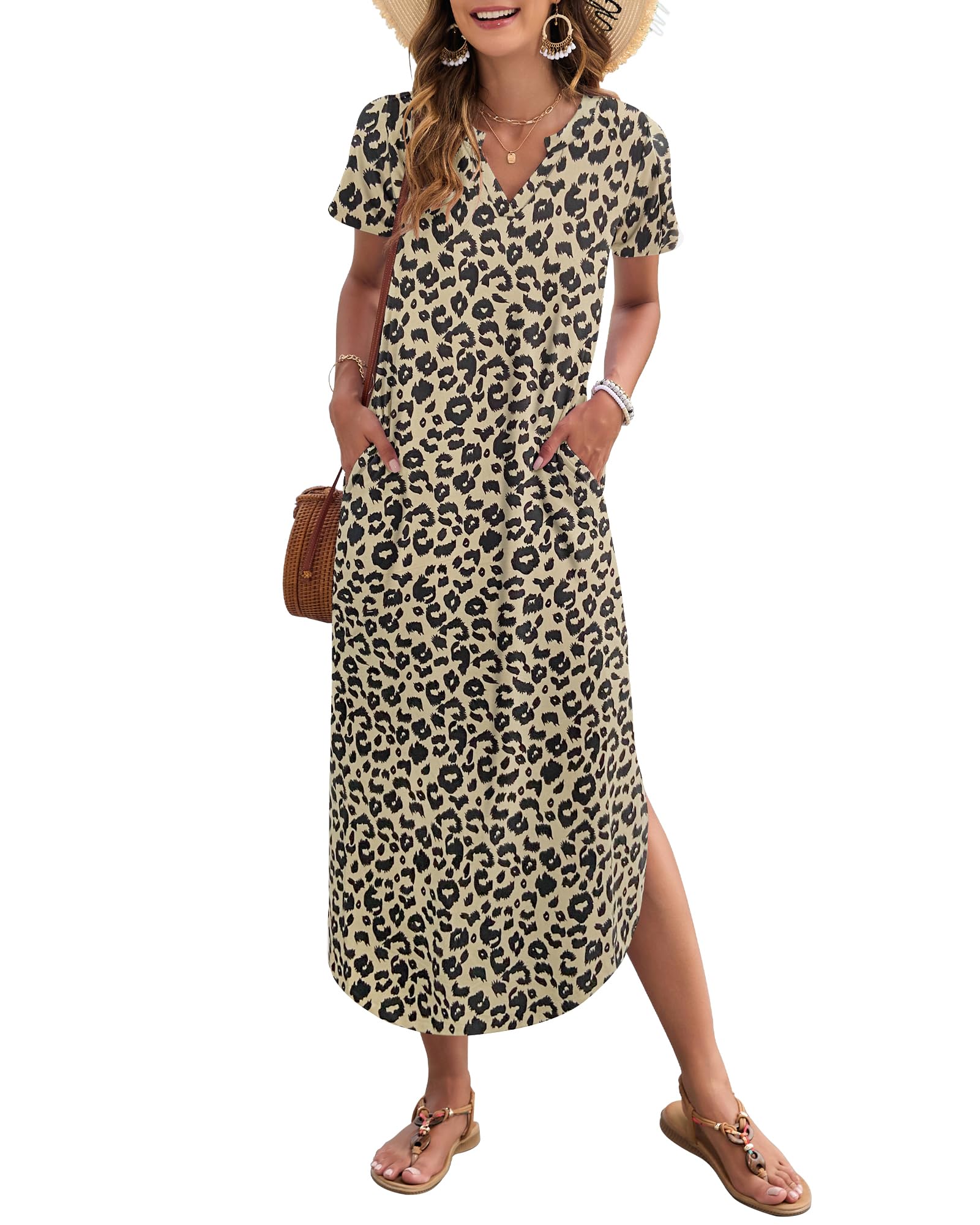 AUSELILY Damen Sommer Maxikleid Kurzarm V-Ausschnitt Strandkleid mit Seitenschlitz