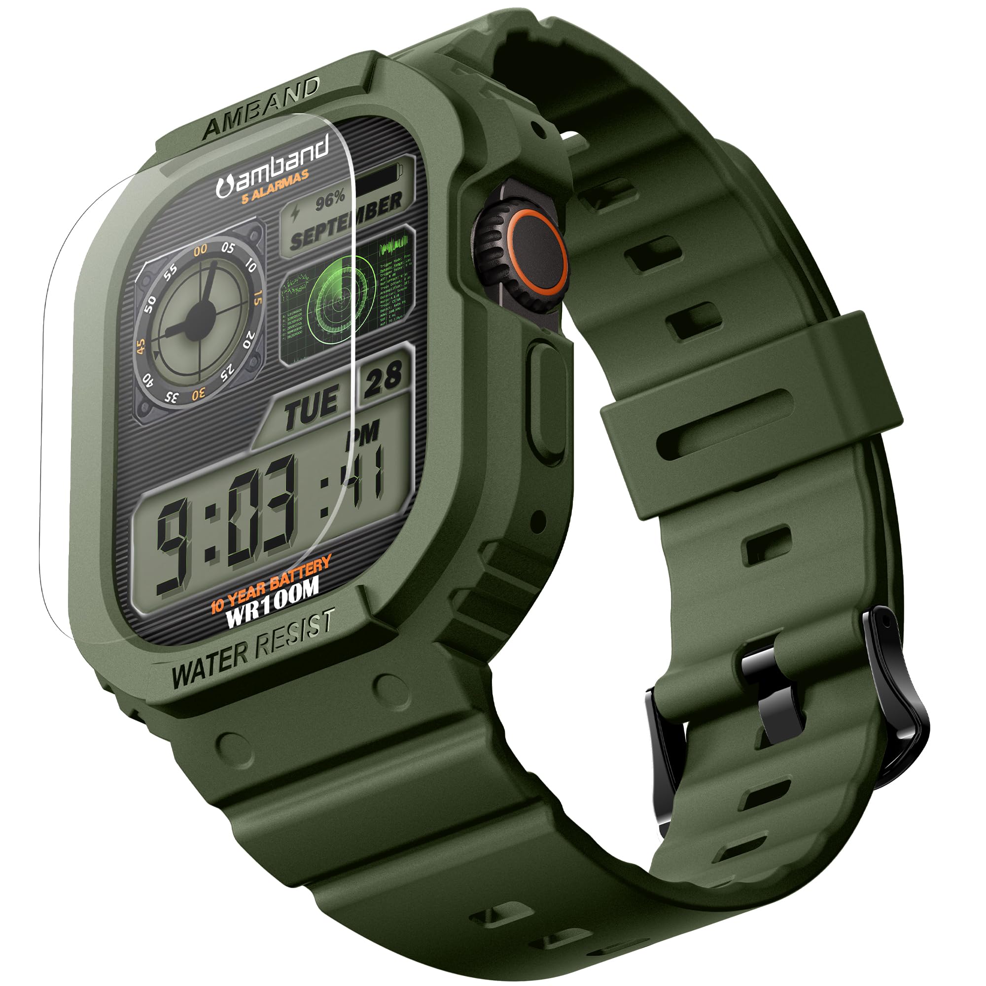 amBand Rugged Band &amp; Case Compatible with Apple Watch Ultra 4/3/2/1 49mm, Military Protective Bumper Cover &amp; Soft Strap, with Screen Protector Kit, Compatible with iWatch Ultra, Green – for Men Women