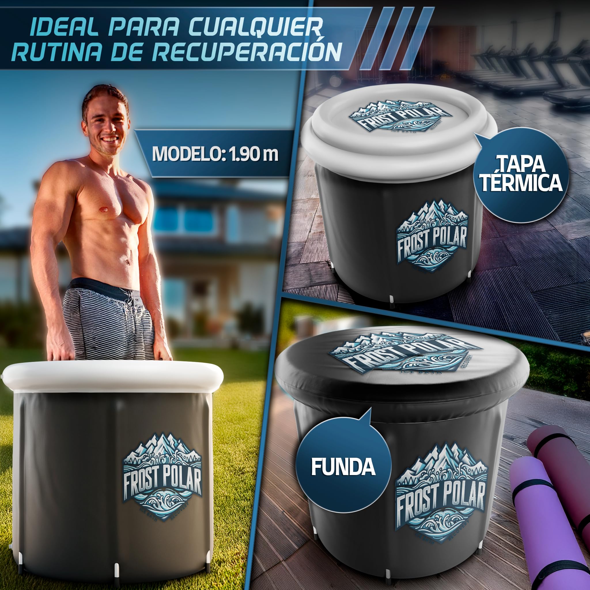 FROST POLAR - Bañera Hielo Recuperacion 350 Litros - Ice Bath 80 cm x 85 cm Soportes de Aleacion de Aluminio - Bañera Agua Fria Incluye, Almohada, Bolsa Almacenaje Impermeable y Recambios.