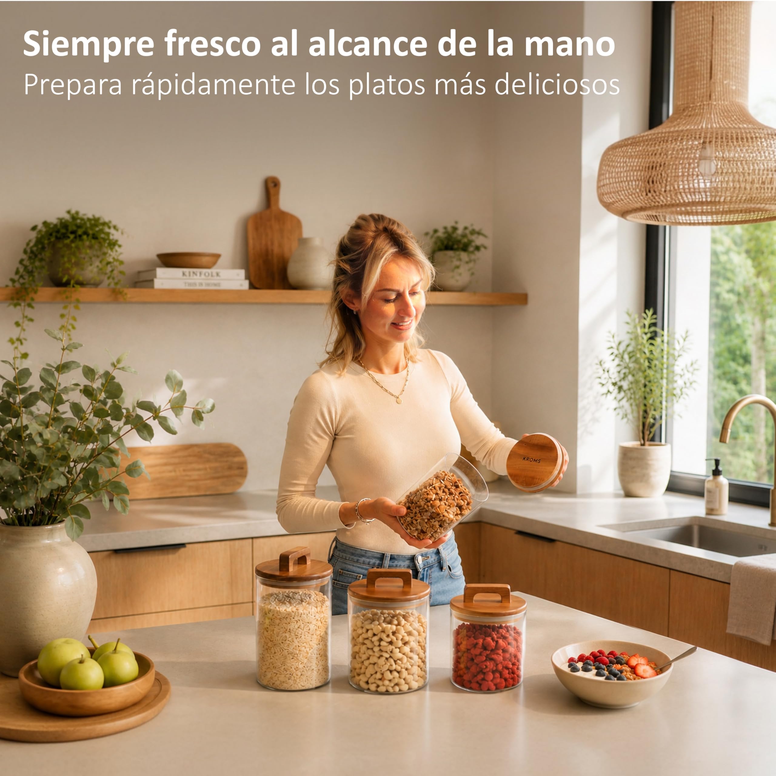 Botes cristal con tapa hermética de acacia – Juego de 4 recipientes de cristal para alimentos 1000 ml & 1600 ml – Tarros de cristal con tapa - Botes cocina almacenaje