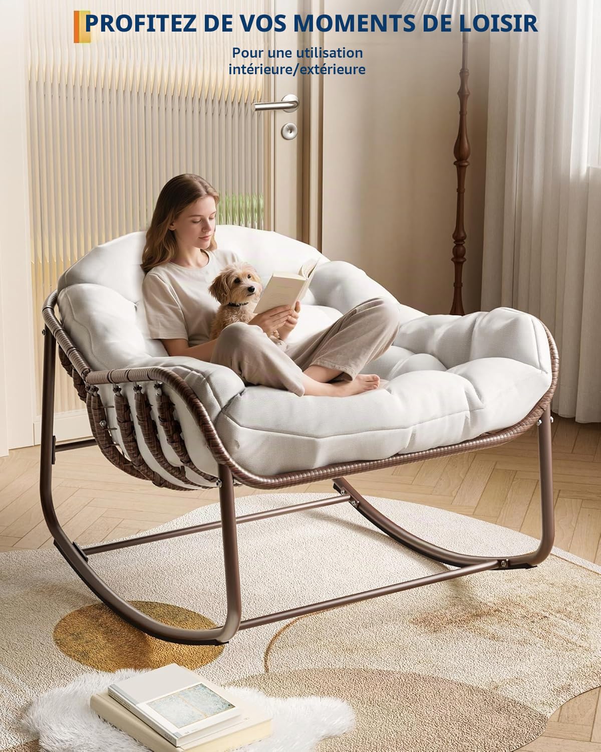Garvee Fauteuil à Bascule Exterieur, Structure Acier pour Salon Patio Blanc
