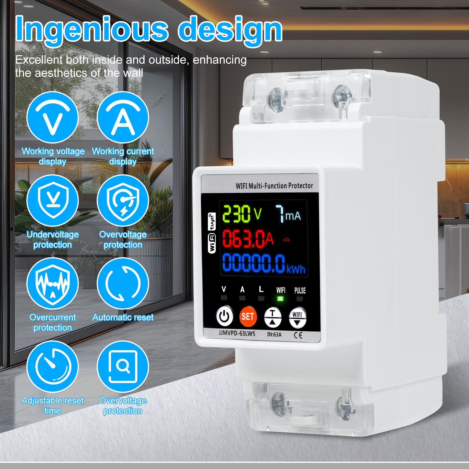 DEWIN Medidor de Electricidad WiFi, 63A 230VAC Contador Electrico Protección Automática contra Sobretensiones Protector Sobretensiones Proteccion Sobretension (Voltaje Amperaje Ajustable)