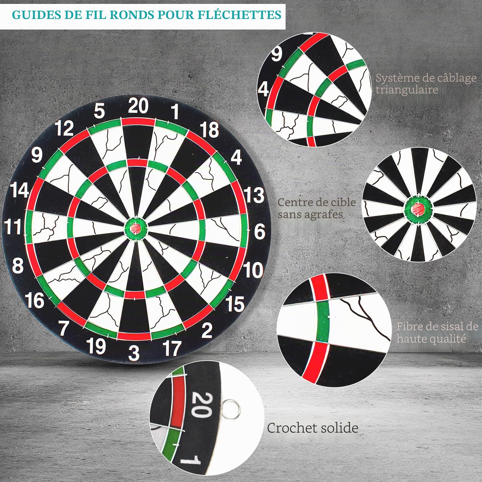 Cible de Fléchettes Professionnelle 30 x 30 cm en Acier Sisal et Liège - Jeu Classique Avec 10 Fléchettes