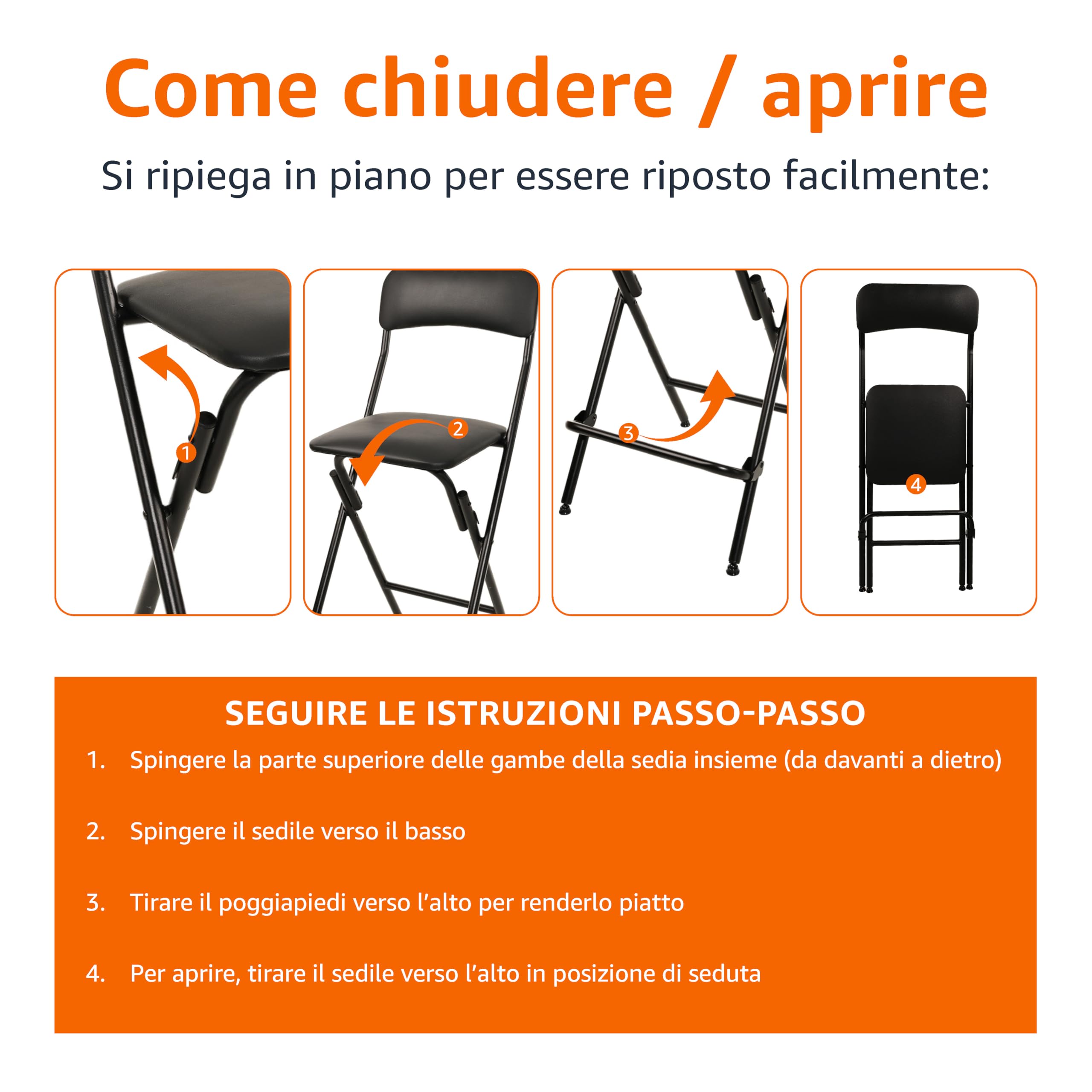 Amazon Basics Sgabello pieghevole con poggiapiedi, portata 136,1 kg, altezza 61 cm, confezione da 2, Nero