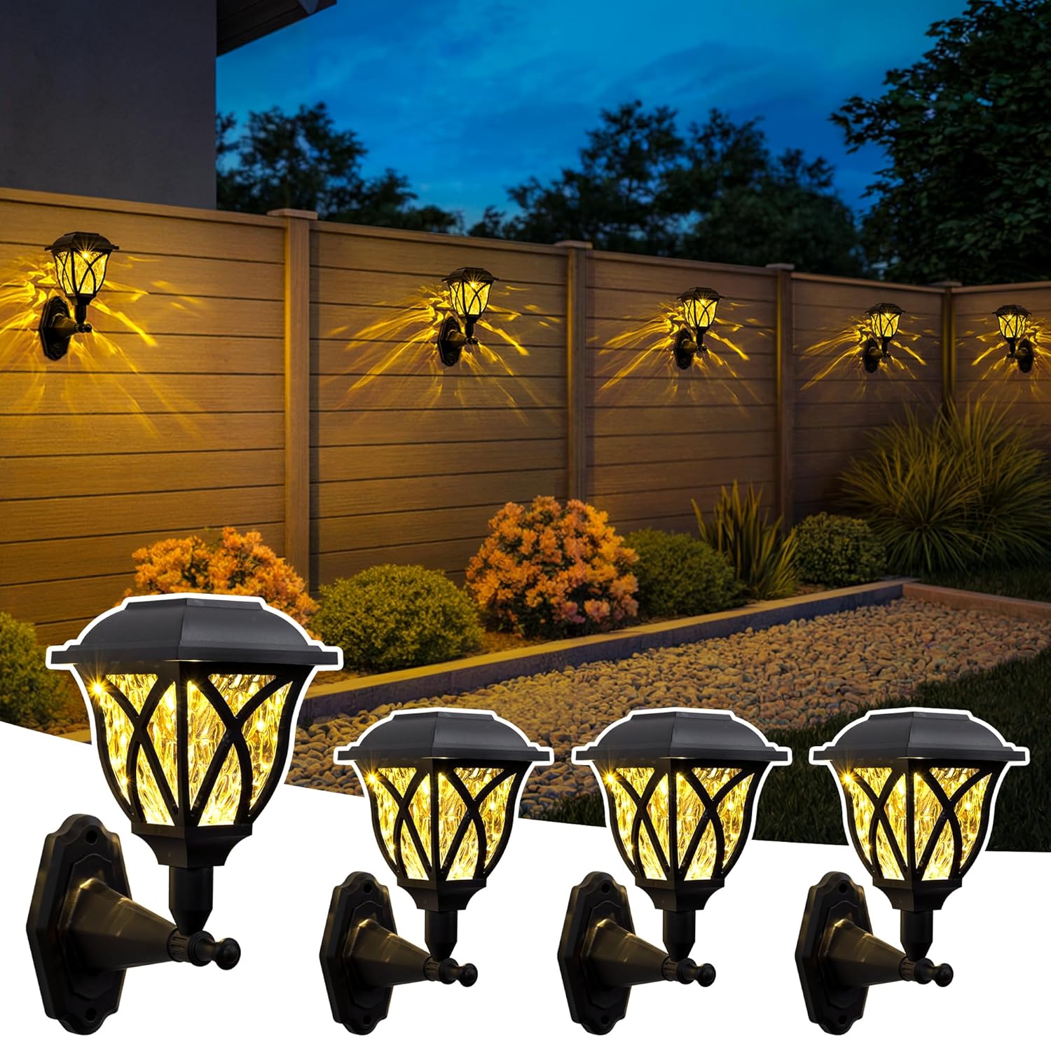 TISEJOY Solar Wall Lights Outdoor, Waterproof Warm White Solar Powered Decorative Lights with Auto On/Off, for Garden Fence Patio House Backyard Decor (4 Pack)